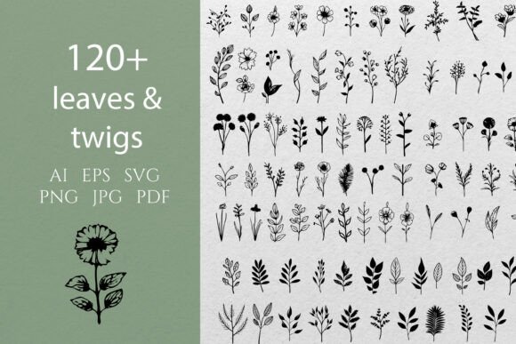 Download Leaves &amp; Twigs Doodles Line Art SVG - Leaves Collection