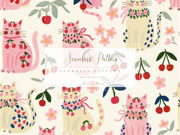 Download Cute Cherry Cat Seamless Pattern PNG for Kids - Pattern Collection